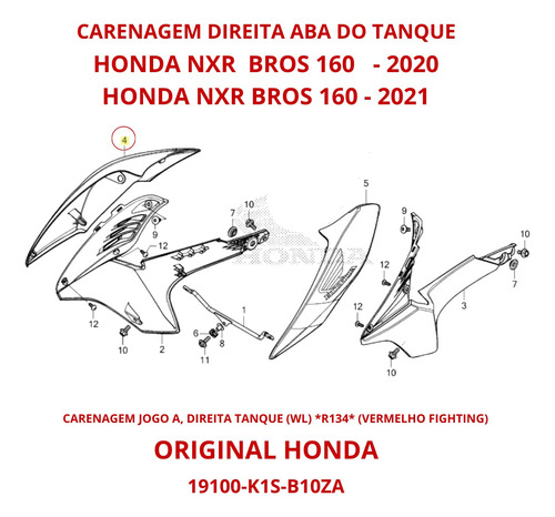 Carenagem Aba Tanque Nxr Bros Vermelha 160 20-21 Original