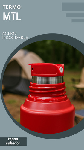 Termo Mtl 1 Litro Acero Inoxidable Pico Cebador Mate System Tapa Vaso Térmico Color Rojo Reforzado Alta Resistencia Liquidos Calientes Fríos