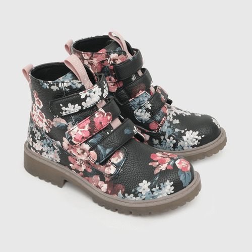 Botin Para Niña Tres Velcros Floral Print Negro (28 A 38)