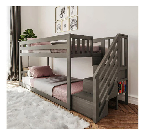 Mueble Litera Max Barnizado En Gris Cama Base De 5pz 2plazas