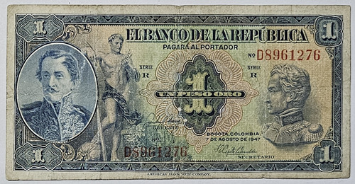 Billete 1 Peso 07/ago/1947 Prefijo D 7 Digitos Colombia Fine
