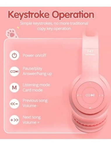 Imagen 3 de 3 de Auriculares Orejas Luces Led Bluetooth Cat Ear P47m Plegable