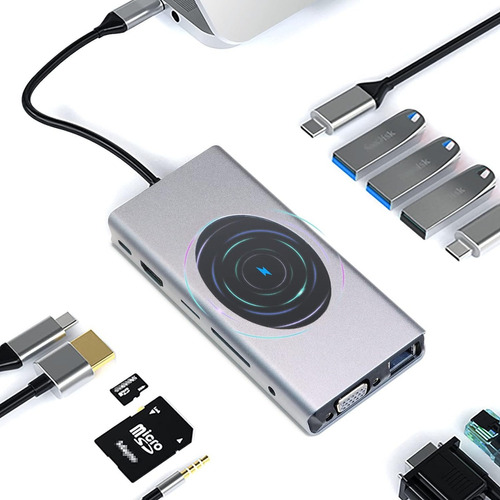 Hub 13 En 1 Usb C, Cargador Inalámbrico, Hdmi, Ethernet, Vga