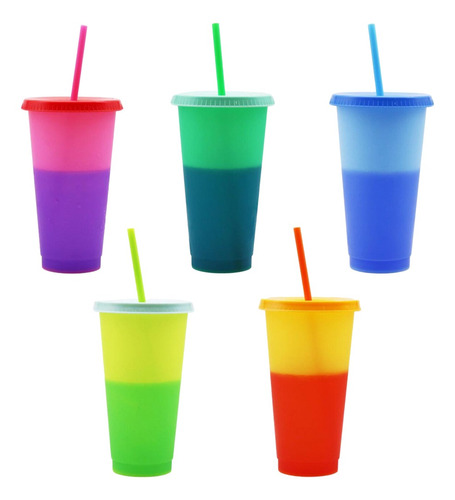 Azul Vasos de Plástico que Cambian de Color Vasos Plastico de Colores 5 Pcs Vaso de Plástico de PP Vasos Reutilizables Reutilizables que Cambian de Color con Tapas y Pajitas 750 ml 
