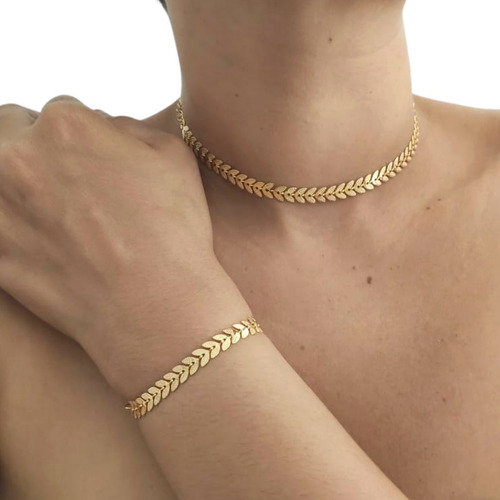 Kit Conjunto Choker Pulseira Escama De Peixe Folheado A Ouro Cor Dourado
