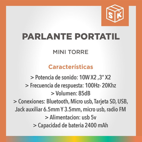 Imagen 6 de 10 de Parlante Bluetooth Inalámbrico Mini Torre Jack Usb Led Rgb