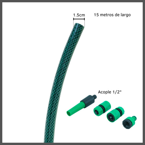Manguera De Riego Mallada Con Tela Y Acople 15m Jardín Pvc Color Verde