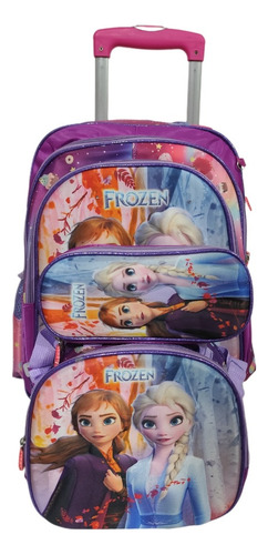 Mochila, Lonchera Y Lapicera Frozen Primaria Con Llantas, Ruedas O Carrito Rosa Chicle