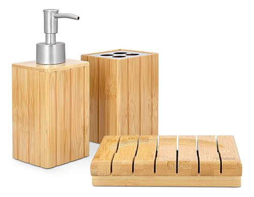 Set De 3 Accesorios Para Baño Badecor, Madera De Bambú - Dispensador De Jabón, Jabonera Y Porta Cepillos