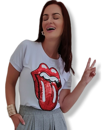 Blusinha Rolling Stones Blusa Moda Feminina Língua Paetês