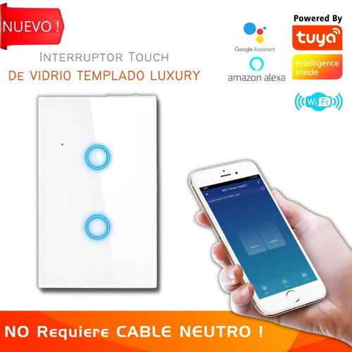 Imagen 1 de 8 de Interruptor Touch Doble Inteligente Wifi/2 Canal Sin Neutro