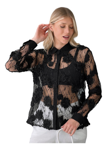 Camisa Blusa Importada Tul  Transparencias Flores Relieve