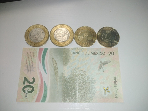 Billete De 20 Nuevo, Serie Doble Aa Y 4 Monedas De 20 Conm. 