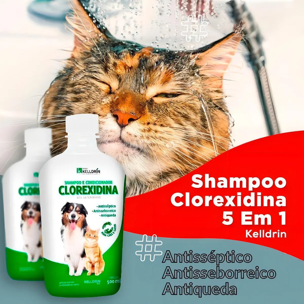Shampoo Condicionador 2 em 1 Cães Gatos Kelldrin 500ml Dermatite Fungo Alergia