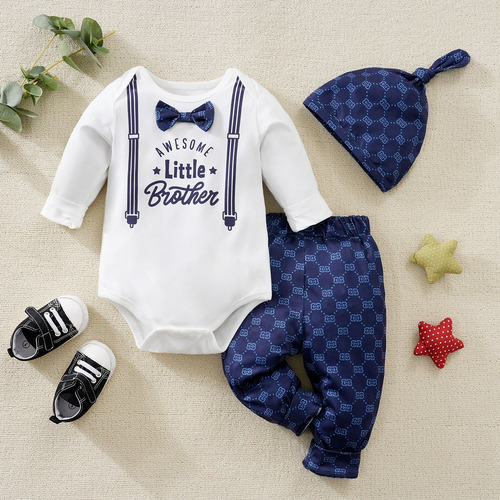 3 Pcs Conjunto Bebé 6-18m Estilo Caballero Con Moño Y Gorro Blanco 9-12 M