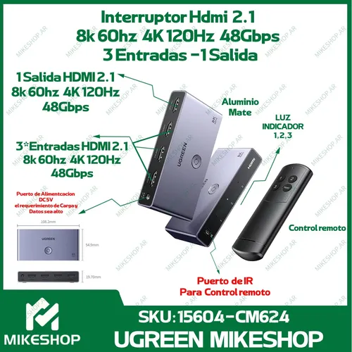 Conmutador HDMI 2.1, Conmutador HDMI 8K, Conmutador Ultra HD 4K a 120 Hz Salida  2 en