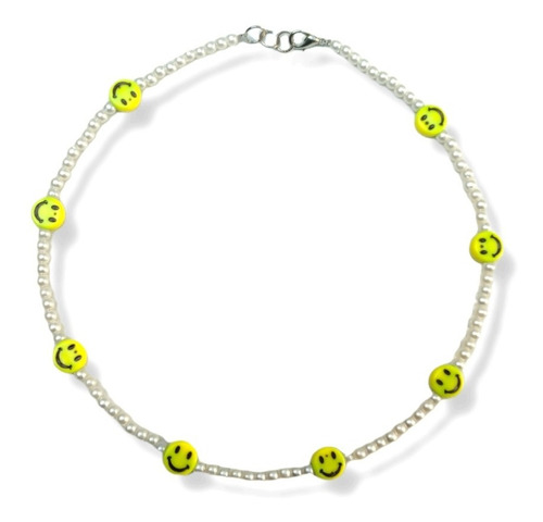 Collar Carita Feliz Smile Amarillas Y Perlas 4mm