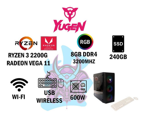 Imagen 2 de 9 de Yugen Pc Gamer Ryzen 3 Radeon 8gb Rgb 240gb Ssd Wifi Kit