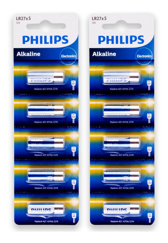 10 Pilhas Baterias Philips 27a 12v A27 Alcalina 2 Cartelas