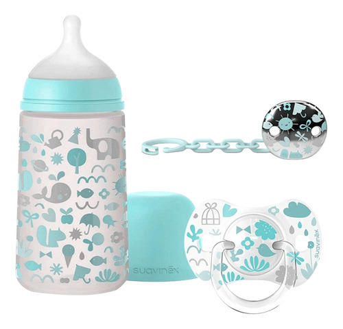 Set Biberon 9oz/270ml +chupon 0-6m +clip Memories Suavinex Color Azul Set Memories 0-6 Meses