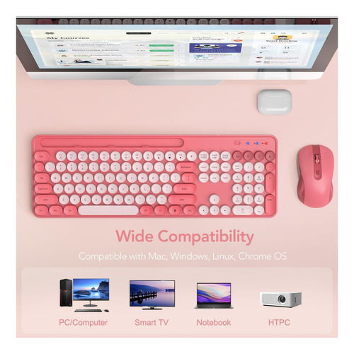 Combo De Teclado Y Mouse Inalámbricos, Teclado Retro Redondo Rosa.