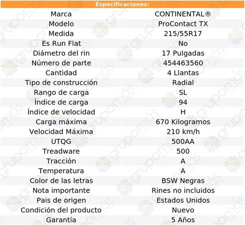4 Llantas 215/55r17 94h Procontact Tx Radial Continental