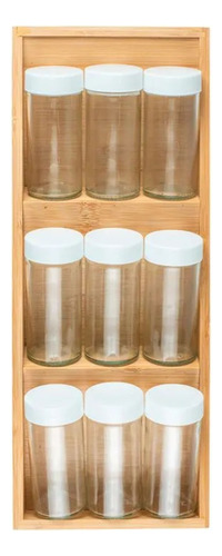 Organizador Temperos Luxo 9 Potes Vidro Caixa Bambu Orgânico