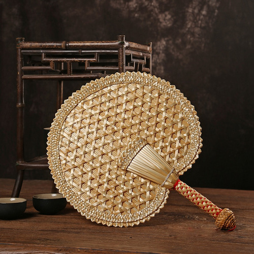Abanico De Mano De Paja Tejido A Mano, Antiguo Ventilador De