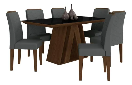 Conjunto Sala De Jantar Indonesia C/vidro 8 Cadeiras Cor Imbuia/preto/preto 06 Desenho do