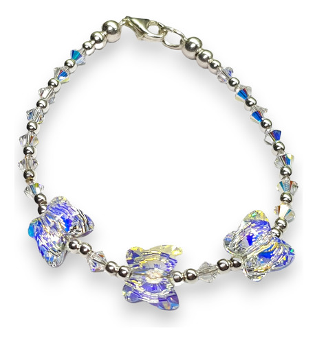 Pulsera Plata Con 3 Mariposas Cristal Swa Aurora Boreal