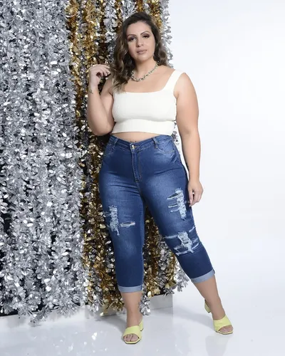 Calça Capri Jeans Feminina Plus Size Lycra Cinta Modeladora