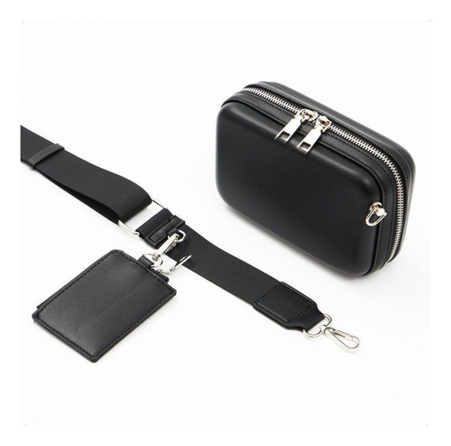 Bandolera Porta Celular Mujer Morral Rígido Mini Bolso Acabado De Los Herrajes Plateados Color Negro Diseño De La Tela Liso