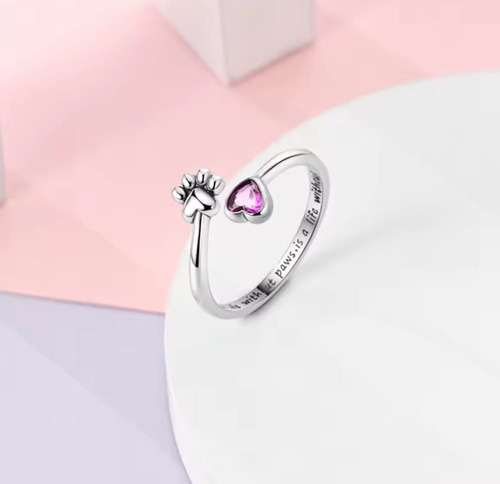 Anillo Mujer Ajustable De Plata, Huella De Perro, Corazón Plateado Ajustable