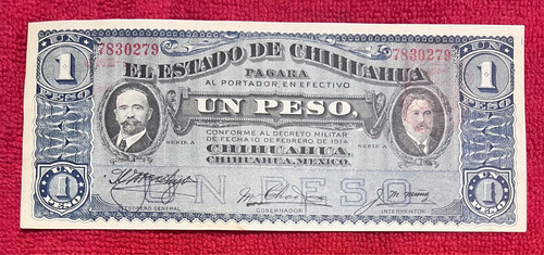 Billete Revolucionario 1 Peso Chihuahua 1914