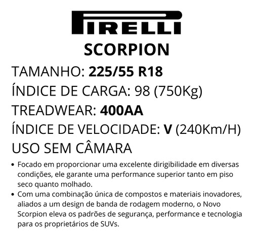 Jogo 2 Pneu 225/55r18 98v Scorpion Pirelli Aro 18 V