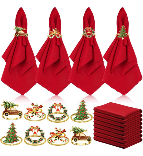 Juego De 16 Servilletas Y Anillos De Navidad Rojos Lavables