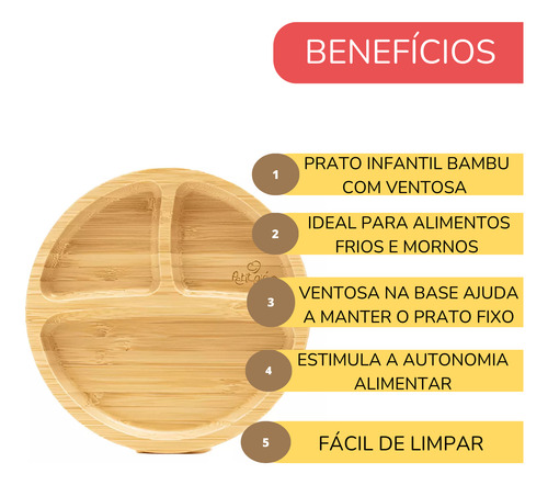 Prato Infantil Bambu Com Ventosa Divisória Redondo Petit Piá