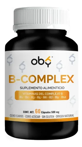 Complejo B Completo | Vitamina B12, B1, B2, B3, B5, B6, B7, B9 | Oby Complex-B Vitaminas B Pura Y Sin Rellenos | Vitaminas Mujer y Hombre 60 Cápsulas