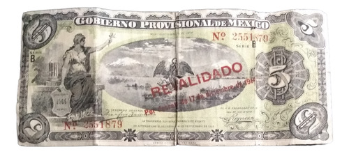 Billete 5 Pesos Gobierno Provisional De México Año 1914