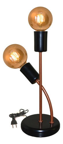 Abajur Luminária De Mesa 2 Hastes Design Moderno Sala Quarto Cúpula Preto Com Cobre
