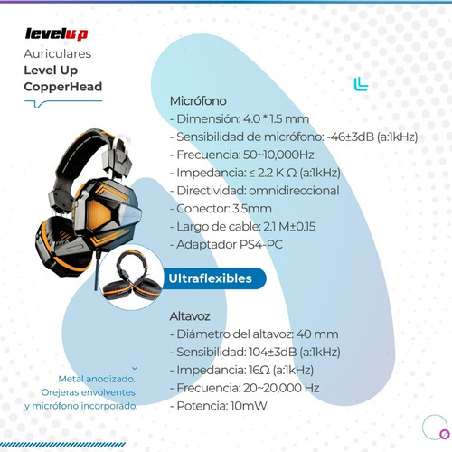 Imagen 2 de 10 de Auriculares Level Up Copperhead Supra-aural Ps4/pc/xbox One
