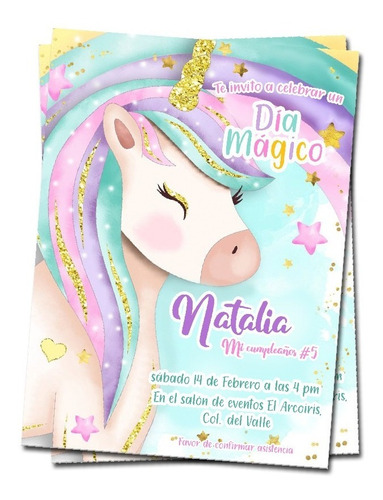 Invitación Unicornio Arcoiris Más Etiquetas De Regalo 