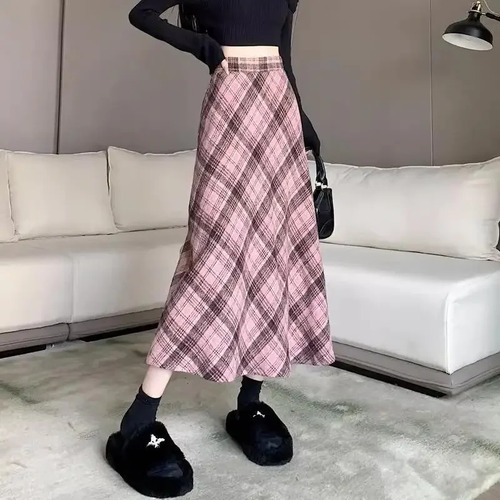 Falda Midi En Forma De A A Cuadros Rosa Para Mujer Elegante