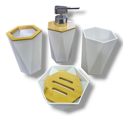 Set 4 Accesorios Baño Diseño Nórdico Bambu Dispenser Jabón 