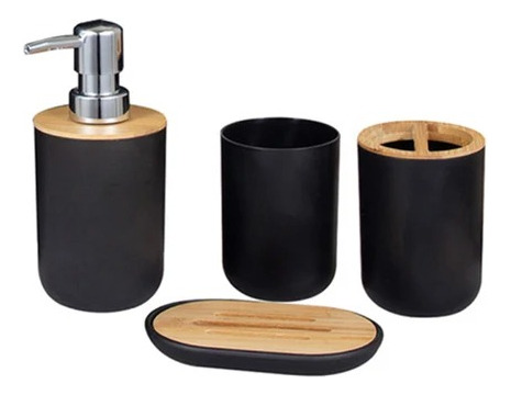 Set De Baño X4 Dispenser Portacepillo Jabonera Bambú Vaso