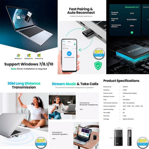 Imagen 5 de 7 de Adaptador Usb Bluetooth 5.0 Ugreen Transmisor Y Receptor