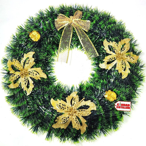 Corona Puerta 50 Cm Colgante Navidad Moño Dorado Adorno 