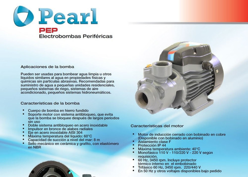 Imagen 4 de 7 de Bomba Electrobomba Periférica Pearl 0,5 Hp Pep05a16l