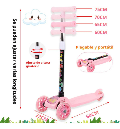 Monopatín Infantil Scooter Plegable 3 Ruedas Con Luces