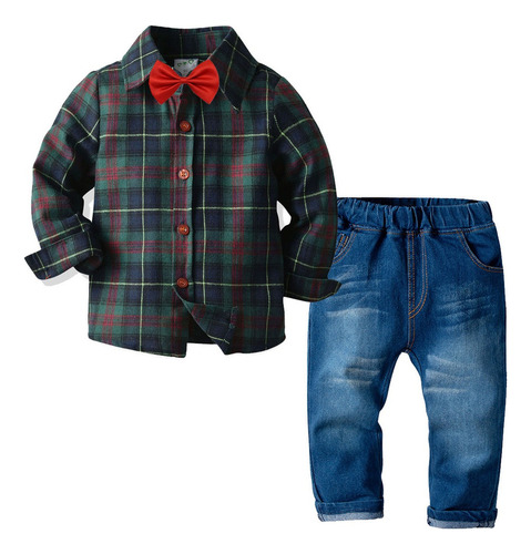 Traje De Niño, Camisa A Cuadros, Pantalones De Mezclilla, Tr